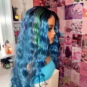 Blue Lagoon Lace Front Wig | Long Wavy Blue Hair with Green Highlights | Glueles
